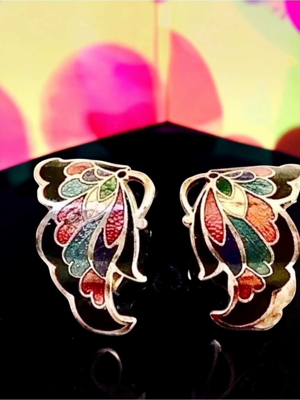 Vintage Butterfly Multi-Color Enameled Floral Earrings Clip On Curved Huggie